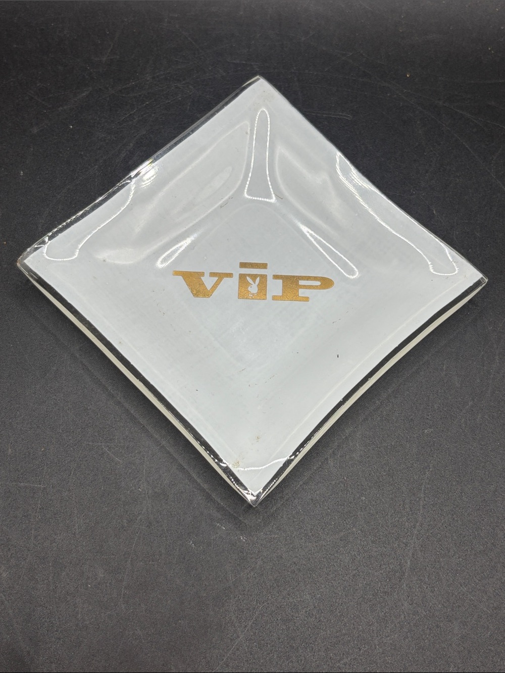Vintage Playboy Bunny Club VIP Tip Tray Trinket Dish White Gold Glass Home Decor
